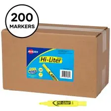 Avery HI-LITER Desk-Style Highlighters, Fluorescent Yellow Ink, Chisel Tip, Yellow/Black Barrel, 200/Box | OfficeSupply.com Limited Time