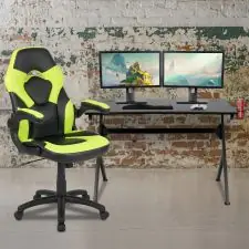 Get Yours Optis Black Gaming Desk and Green/Black Racing Chair Set with Cup Holder, Headphone Hook & 2 Wire Management Holes | OfficeSupply.com