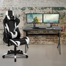 Optis Black Gaming Desk and Black Reclining Gaming Chair Set with Cup Holder, Headphone Hook & 2 Wire Management Holes | OfficeSupply.com Save Now