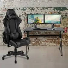 Optis Black Gaming Desk and Gray/Black Reclining Gaming Chair Set with Cup Holder, Headphone Hook & 2 Wire Management Holes | OfficeSupply.com Factory Price